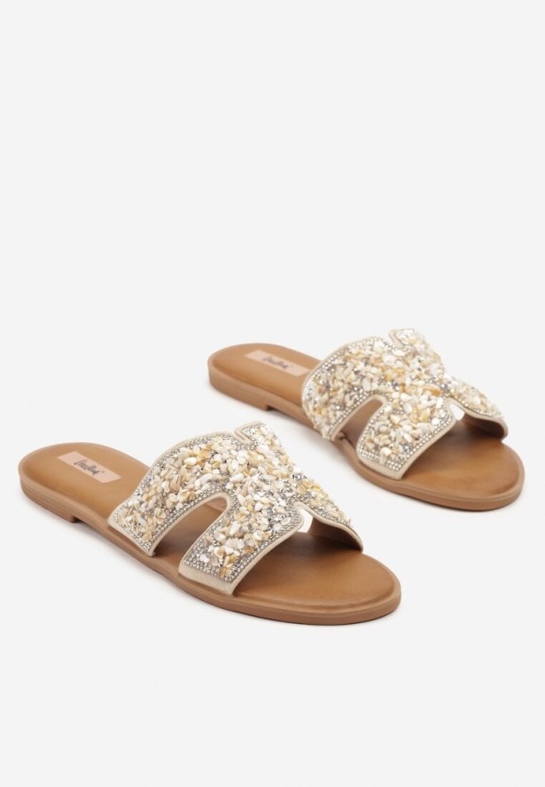 Beżowe Klapki z Ozdobnymi Wycięciami Cyrkoniami i Aplikacją Nilavienne