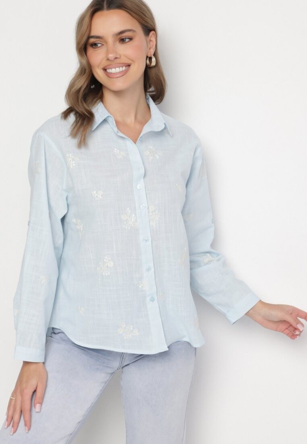 Niebieska Bawełniana Koszula z Regulowanymi Rękawami Domira