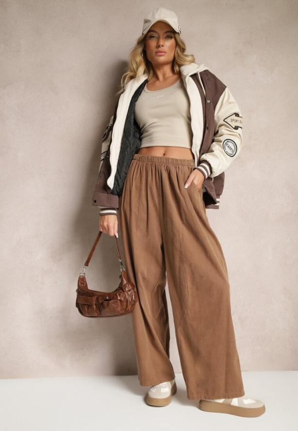 Brązowe Bawełniane Spodnie High Waist o Szerokim Kroju Velili