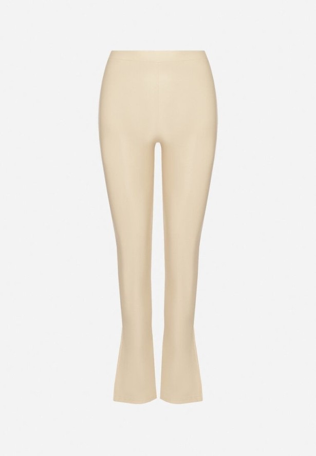 Beżowe Spodnie z Ekoskóry w Stylu Dzwonów z Wysokim Stanem Ellirra