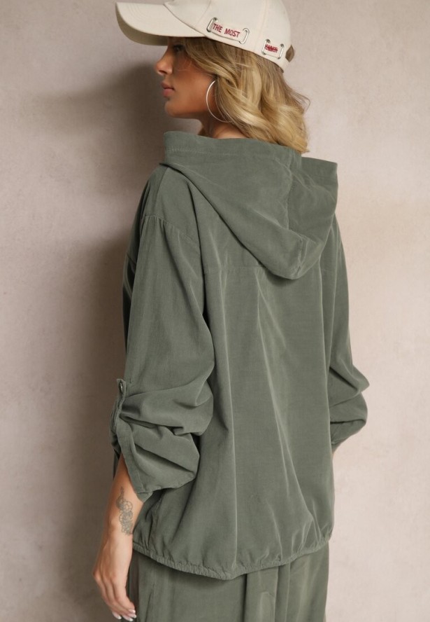 Ciemnozielona Koszula z Bawełny o Luźnym Kroju z Kapturem i Ściągaczem Felanira