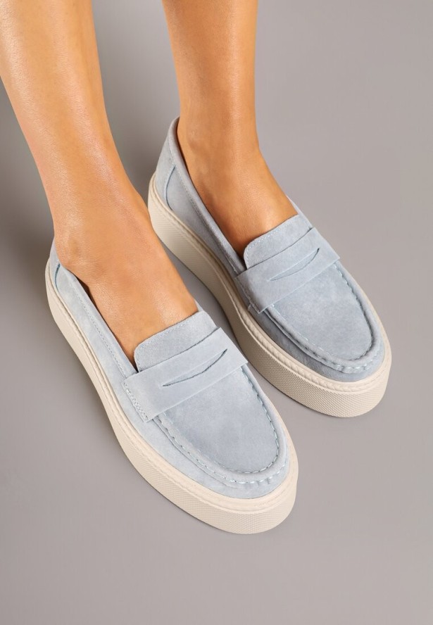 Niebieskie Skórzane Półbuty Mokasyny na Grubej Podeszwie Sadelise