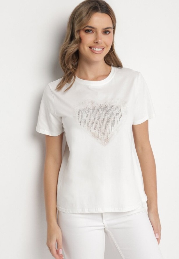 Biała Bawełniana Bluzka z Napisem i Cyrkoniowym Sercem Marilys