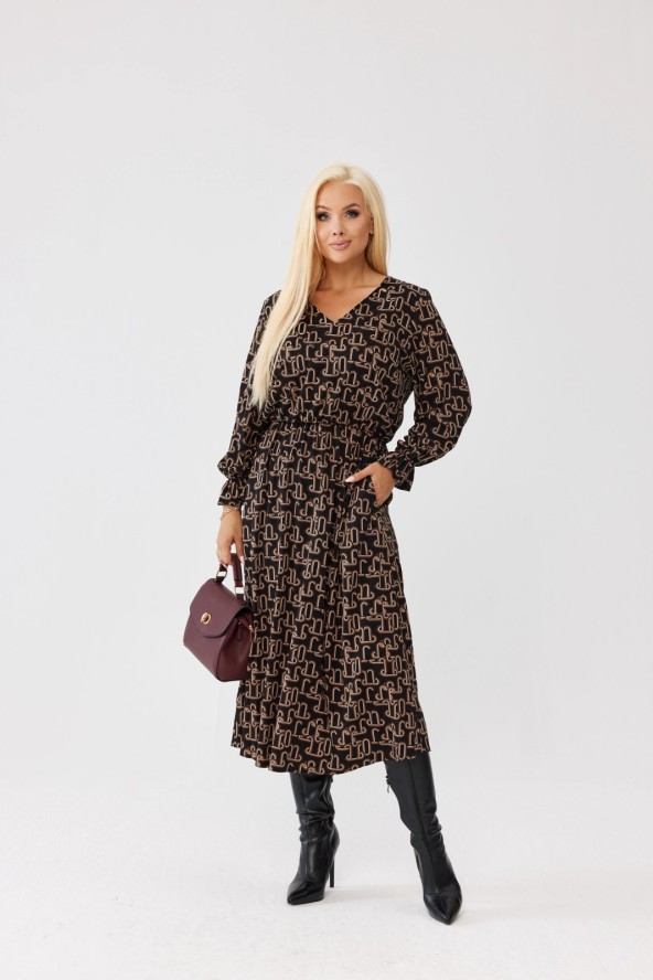 Wiskozowa sukienka Marlen MIDI w geometryczny wzór - z gumką w pasie i kieszeniami PLUS SIZE XXL OVERSIZE JESIEŃ