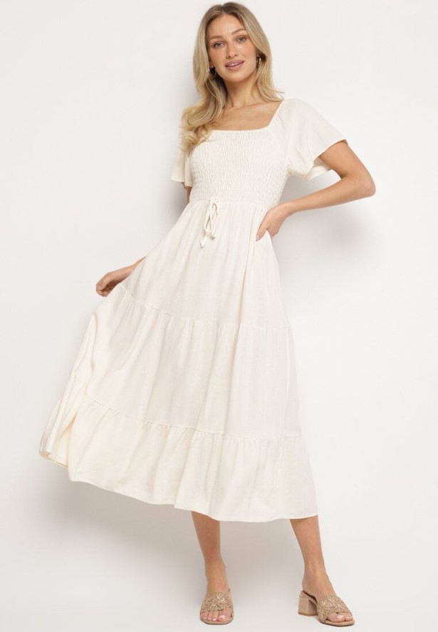 Jasnobeżowa Sukienka z Wiskozą Lnem i Elastyczną Górą Ellisena