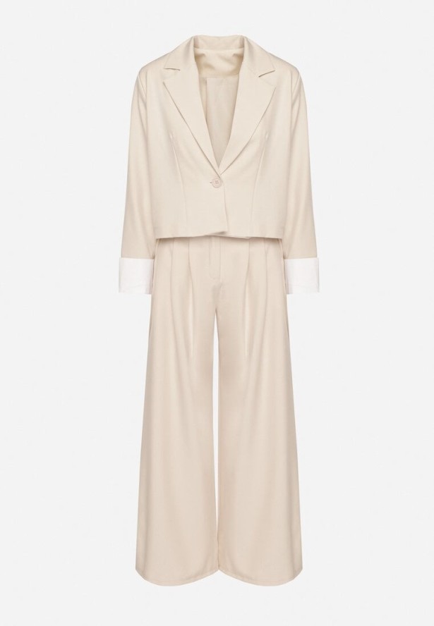 Beżowy Komplet Garniturowy Marynarka i Spodnie z Kontrastowymi Wstawkami Daviraya