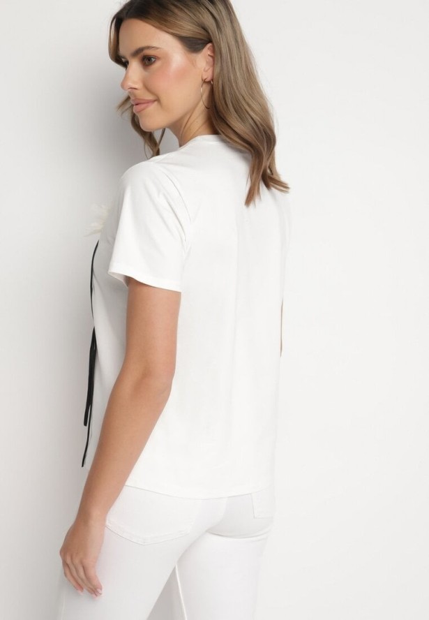 Biały T-shirt z Bawełny Ozdobiony Kwiatami Marionis