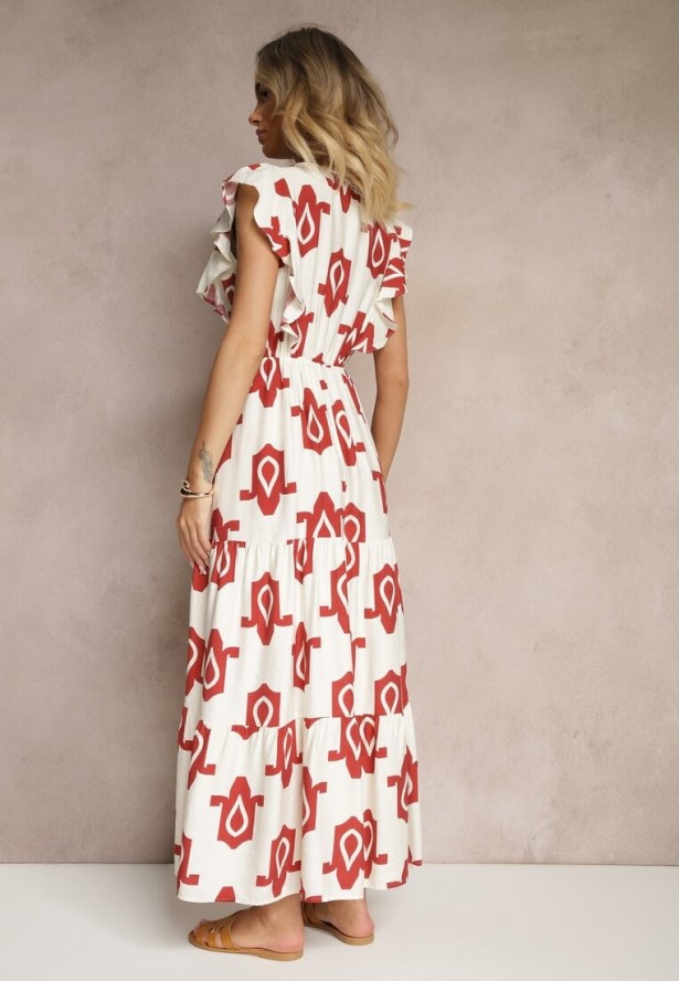 Biało-Czerwona Wiskozowa Sukienka w Geometryczny Wzór z Paskiem z Klamrą Viriala