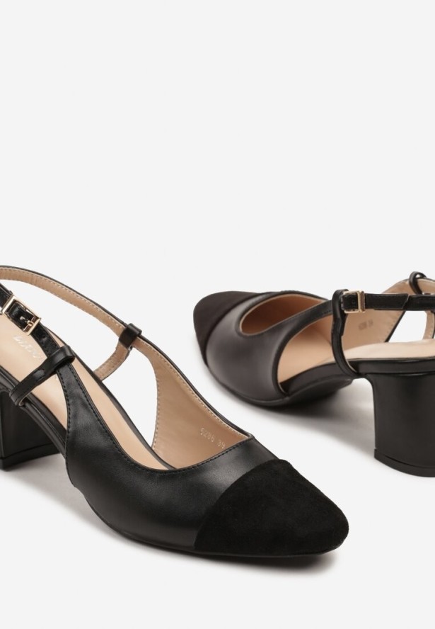 Czarne Sandały na Słupku z Ozdobnym Noskiem i Sprzączką Turela