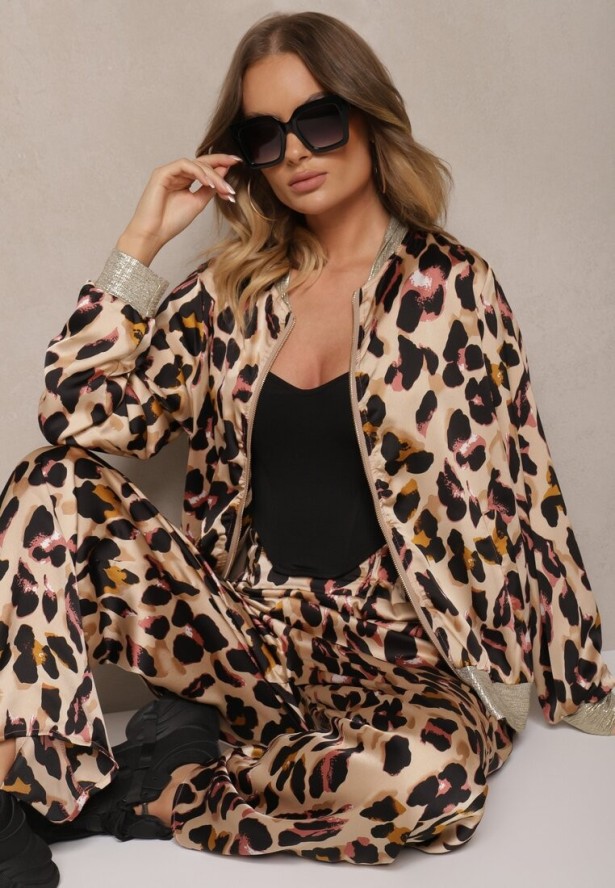 Różowo-Beżowa Panterkowa Kurtka w Stylu Bomberki Ozdobiona Ściągaczami Rinnovaria