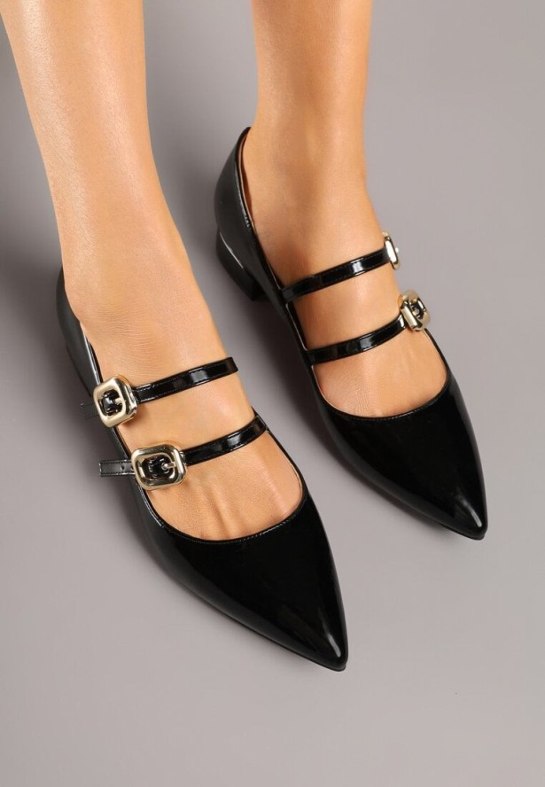 Czarne Lakierowane Czółenka z Paskami na Sprzączkę i Noskiem w Szpic Odane