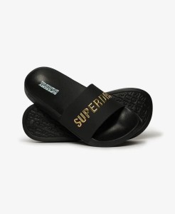 superdry Vegan Logo Pool Klapki – Black/Metallic Gold