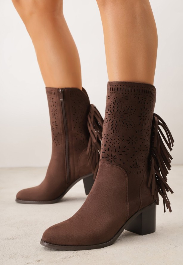 Ciemnobrązowe Ażurowe Botki Typu Kowbojki ze Skórzaną Wkładką Ozdobione Frędzlami Ceziva