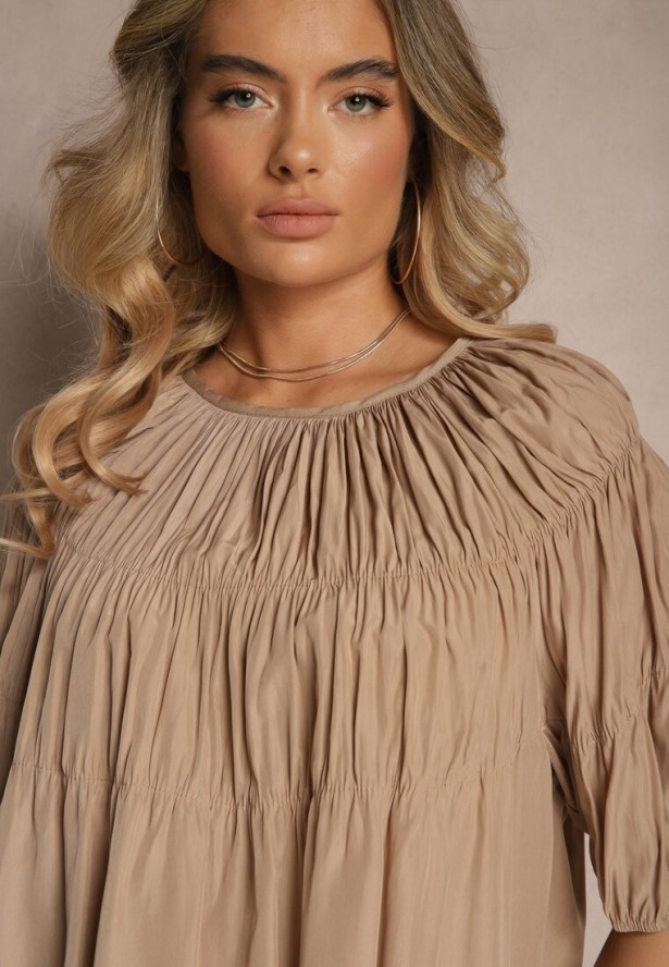 Jasnobrązowa Bluzka z Wiskozą o Fasonie Oversize z Gumkami w Ramionach Alirona