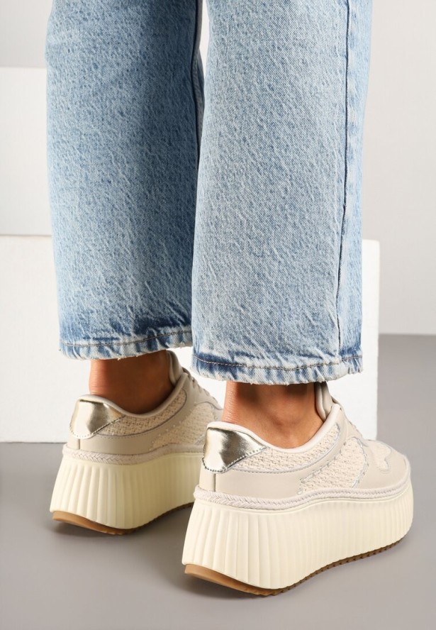 Beżowe Skórzane Sneakersy na Grubej Podeszwie z Tłoczeniami Foiriva