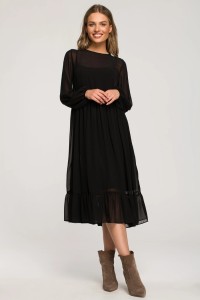 Sukienka wieczorowa szyfonowa rozkloszowana z falbaną czarna