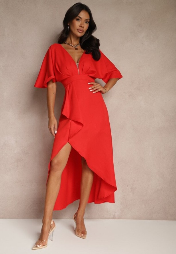 Czerwona Asymetryczna Sukienka Koktajlowa Vices Ozdobiona Falbanką Nelioraia