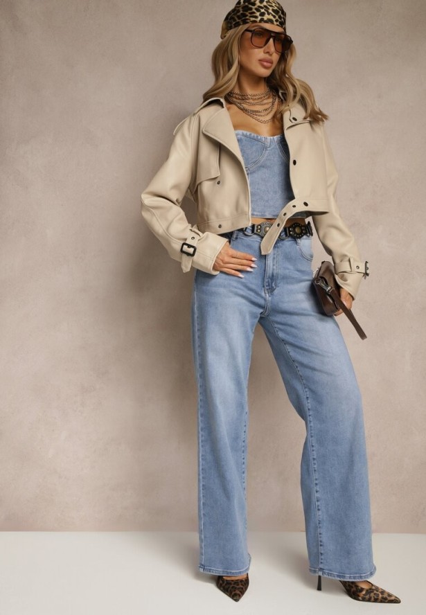 Beżowa Krótka Kurtka Ramoneska w Stylu Trencza Niladoria