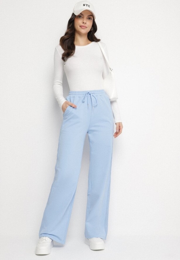 Jasnoniebieskie Szerokie Spodnie Dresowe z Bawełny z Wysokim Stanem i Lampasami Pillione