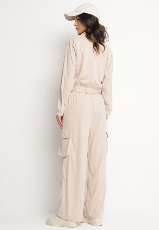 Jasnobeżowy Komplet Dresowy w Stylu Cargo Bluza ze Stójką i Szerokie Spodnie Arritarra