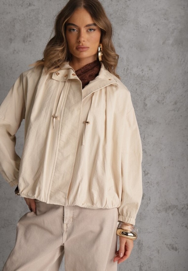 Beżowa Oversizowa Kurtka Przejściowa o Kroju Bombki z Bawełny i Wiskozy Birana