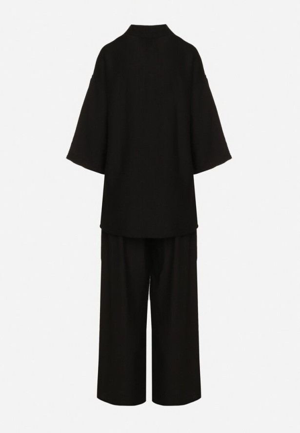 Czarny Komplet z Wiskozy Koszula z Podpinanymi Rękawami i Szerokie Spodnie Dormoi