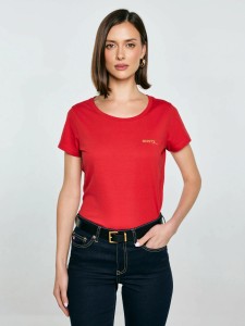 Koszulka damska z brokatowym nadrukiem czerwona Merra 603