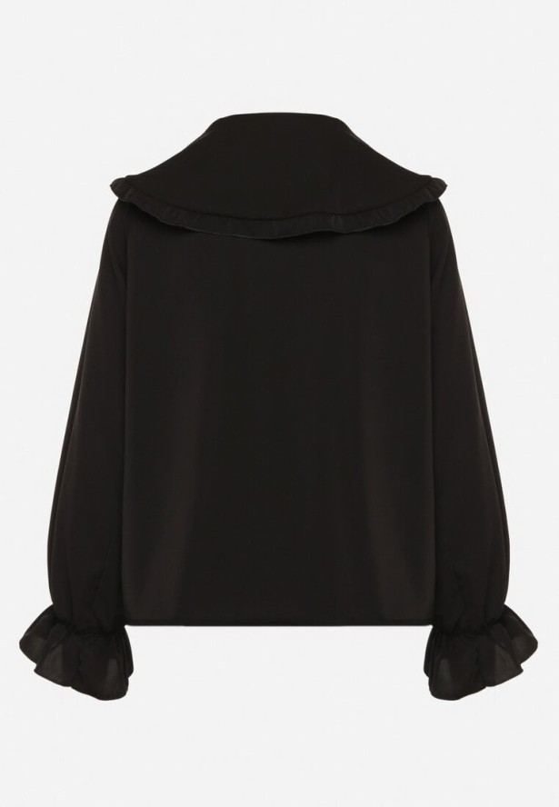 Czarna Koszula z Ozdobnym Kołnierzykiem i Falbankami Emilarae