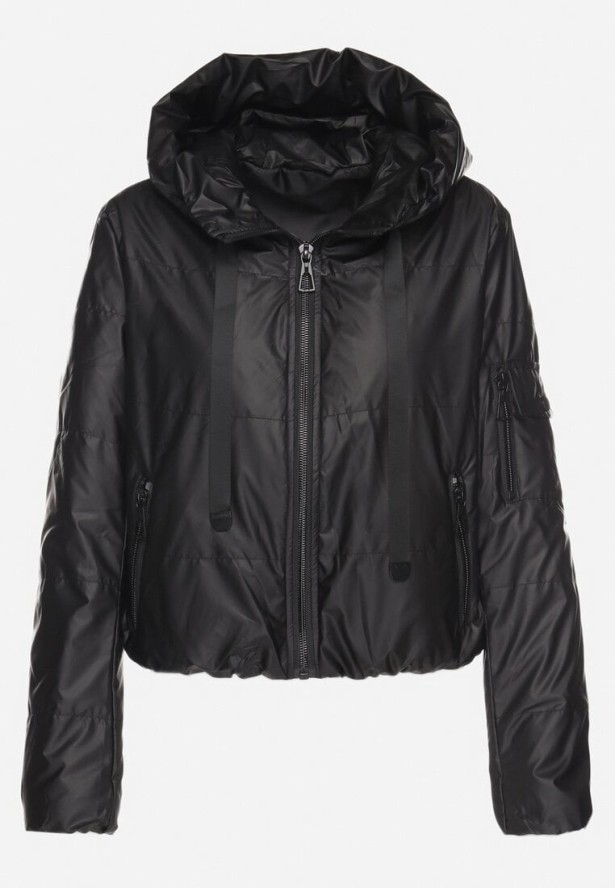 Czarna Kurtka Wiatrówka z Kapturem i Gumką w Pasie Avelloti