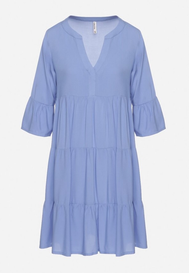 Niebieska Rozkloszowana Sukienka z Wiskozy z Falbanami Izleia