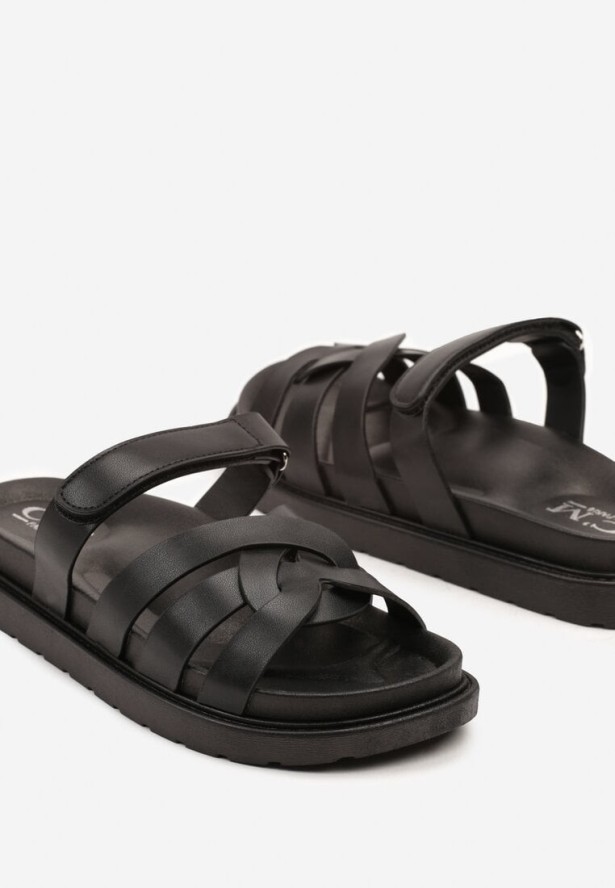 Czarne Klapki z Ozdobnymi Paskami Typu Gladiatorki Zapinane na Rzep Hirna