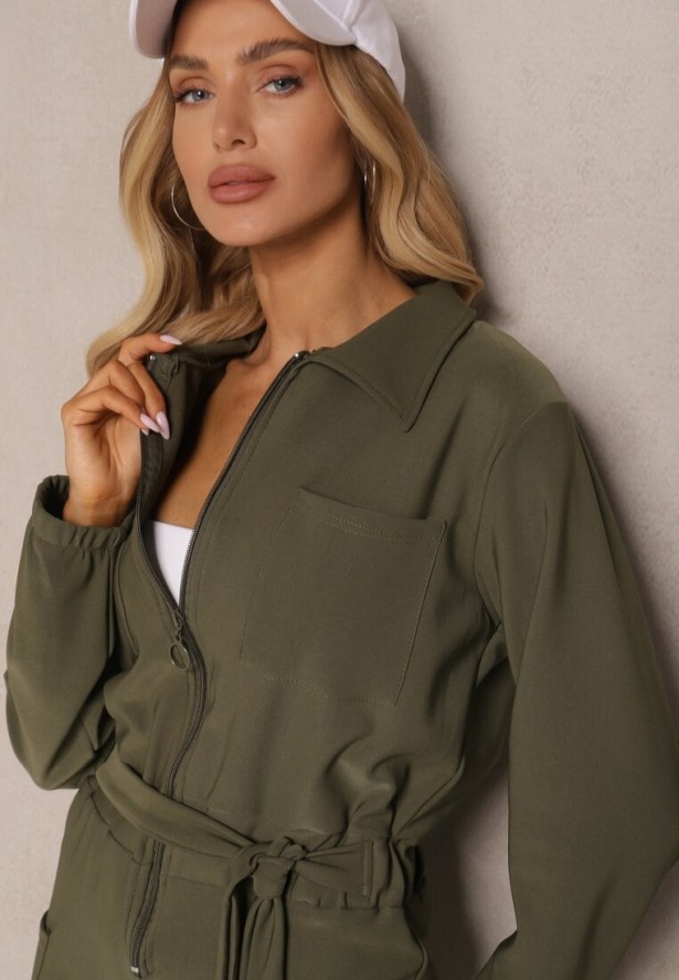 Zielony Kombinezon z Elastyczną Gumką w Pasie z Dodatkowym Wiązaniem o Luźnym Kroju Creera