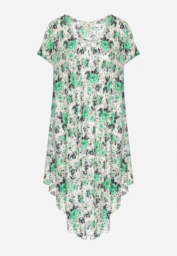 Zielona Sukienka Bawełniana z Asymetrycznym Dołem w Kwiatki Nativienne