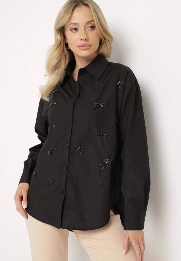 Czarna Koszula z Bawełny Ozdobiona Naszywkami Katiema