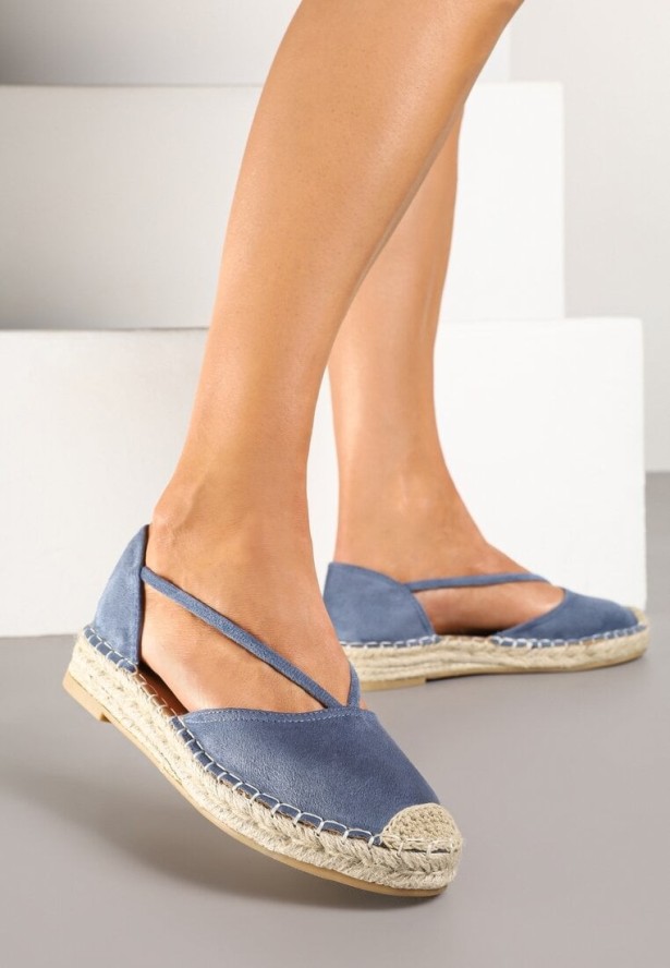 Ciemnoniebieskie Płaskie Espadryle z Wyciętymi Bokami Ozdobione Plecionką Annorila