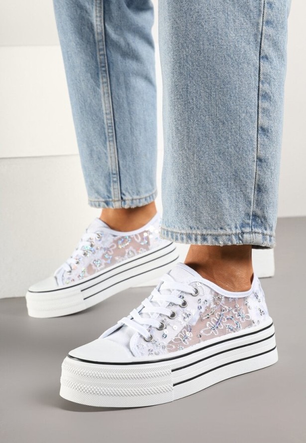 Białe Trampki Vices z Siateczki z Cekinami na Grubej Podeszwie Telanila