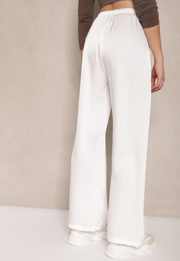 Białe Spodnie o Szerokim Kroju z Wiskozą High Waist z Wiązaniem Jerisia