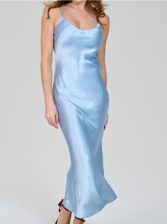 Satynowa sukienka na ramiączkach - błękitny