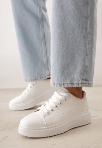 Białe Sznurowane Sneakersy o Klasycznym Fasonie na Grubej Podeszwie Cataria