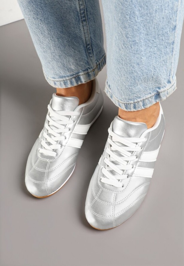 Srebrno-Białe Sneakersy Typu Tenisówki z Paseczkami Liantina