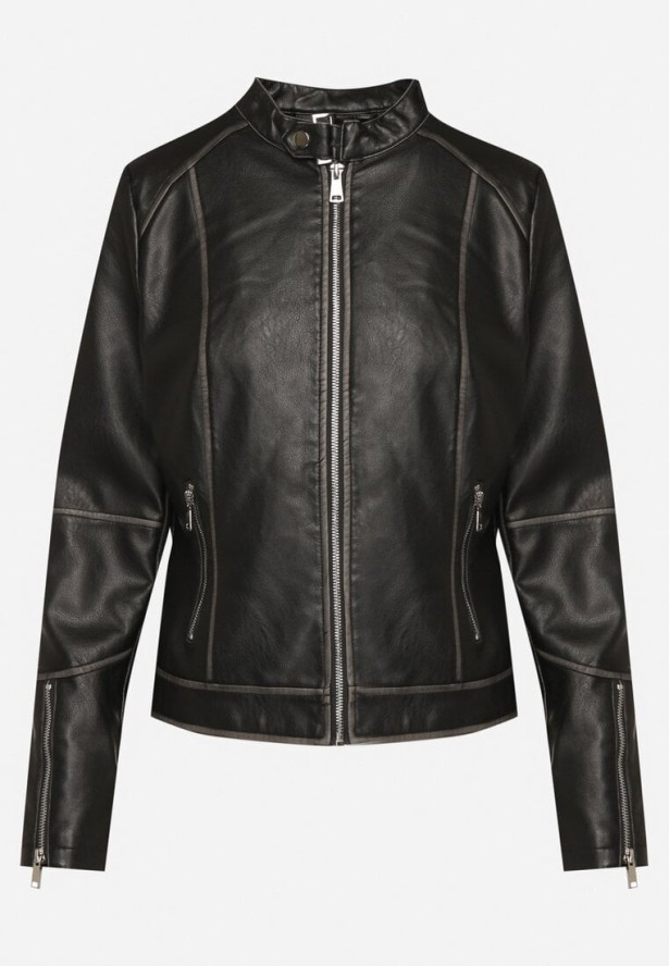 Czarna Kurtka Ramoneska Ozdobiona Suwakami i Paskiem Idivaria