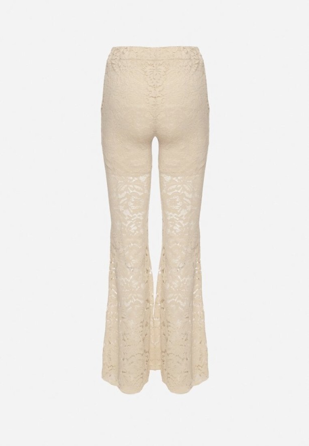Beżowe Spodnie Koronkowe o Fasonie Dzwonów Vortiga