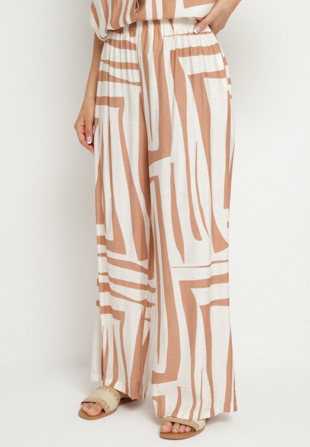 Beżowy Komplet Oversize z Lnem Koszula z Krótkim Rękawem i Szerokie Spodnie Mirolena