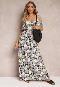 Fioletowo-Żółta Sukienka Maxi Bawełniana w Kwiaty z Falbanką Saranna