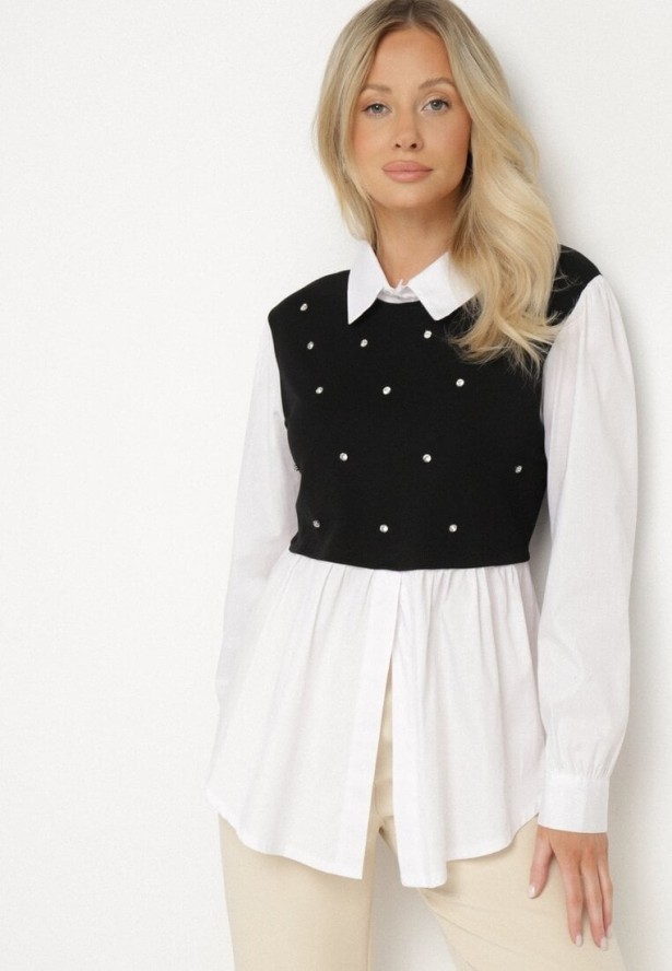 Czarna Rozkloszowana Bluzka Koszulowa z Wiskozą z Wszytą Kamizelką z Cyrkoniami Uliaviela