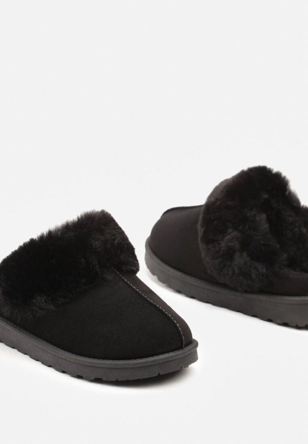 Czarne Wsuwane Kapcie z Imitacji Zamszu z Futrem Boreti