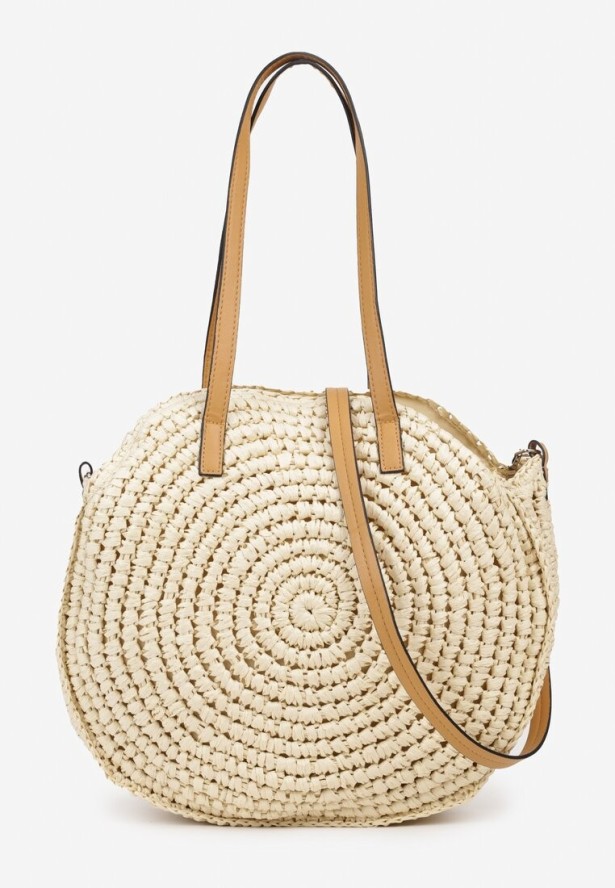 Jasnobeżowa Pleciona Okrągła Torebka Shopperka z Długimi Rączkami i Paskiem Acelema