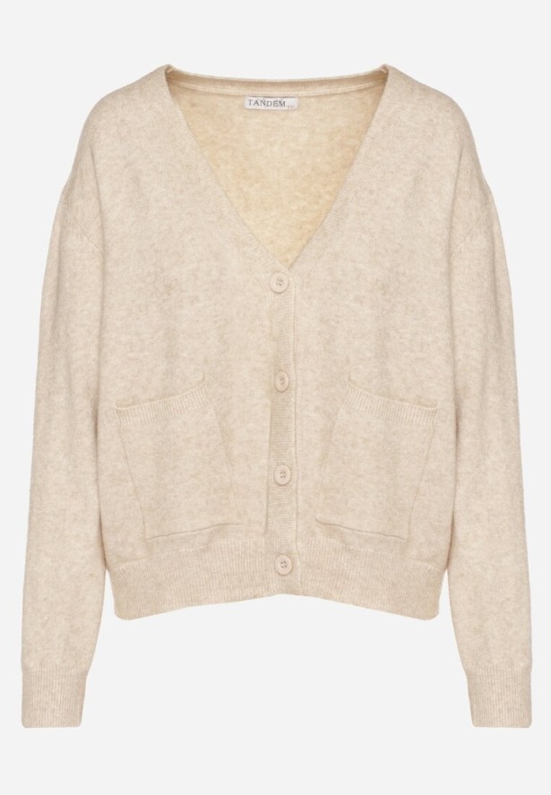 Beżowy Rozpinany Kardigan z Dodatkiem Kaszmiru Vetirira