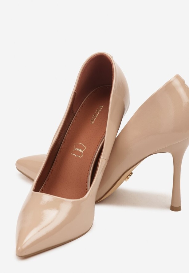 Beżowe Szpilki Vices z Lakierowanym Połyskiem i Skórzaną Wkładką Irdlie