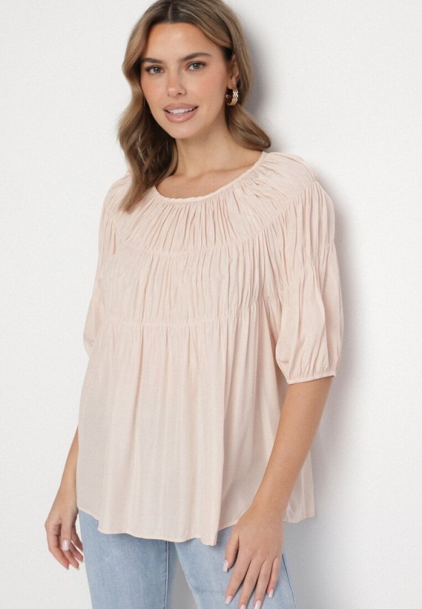 Jasnoróżowa Bluzka z Ozdobnymi Marszczeniami i Rękawami w Gumkę z Wiskozą Wenessa
